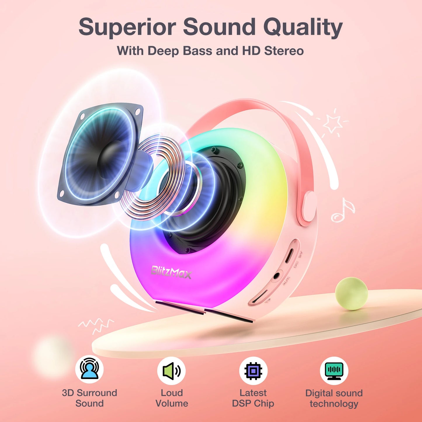 Blitzmax BM-K10 Kids Karaoke Machine Mini Portable Bluetooth Speaker with 2 Wireless Microphones RGB Colorful Light Karaoke Toys Gifts Speaker for Home Party Birthday