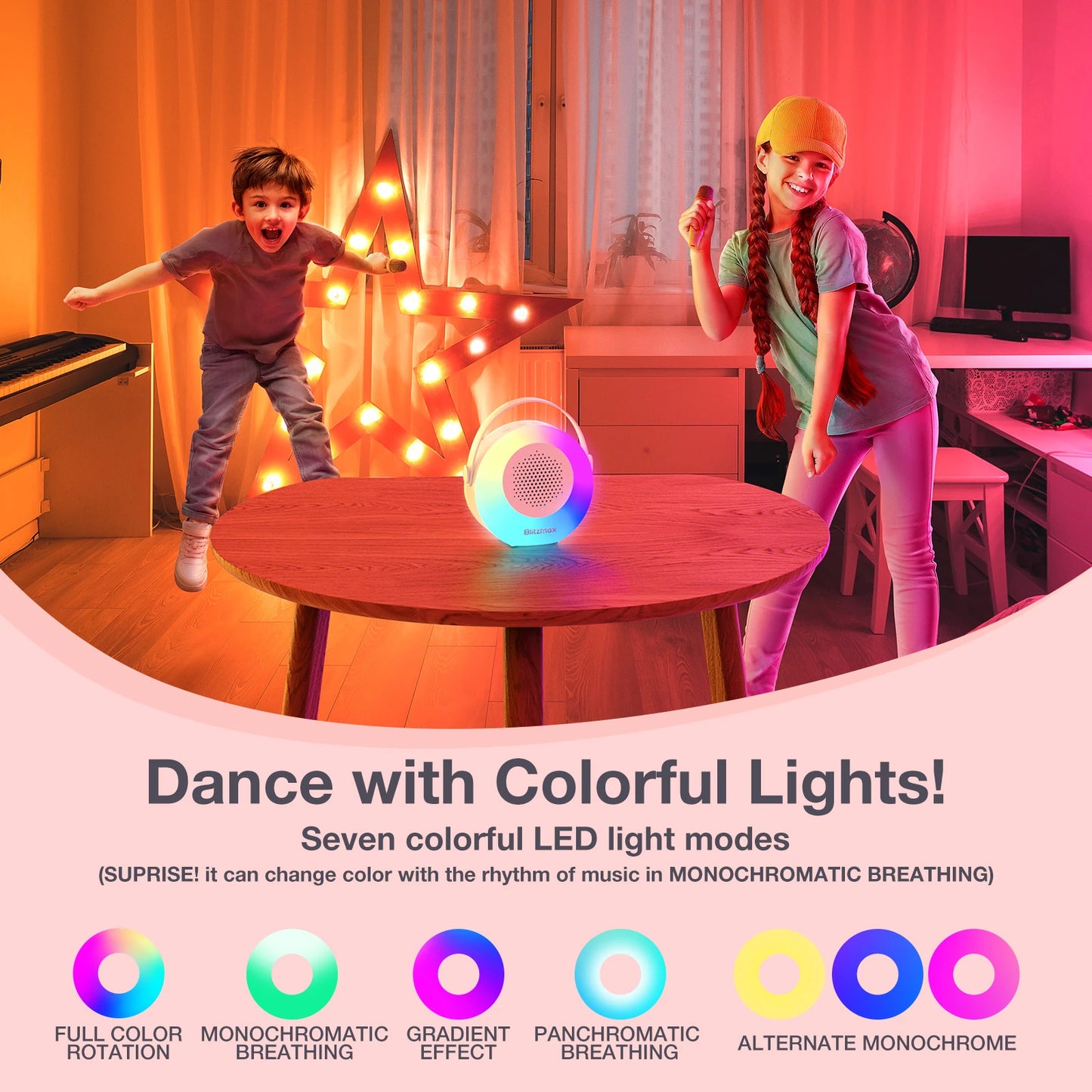 Blitzmax BM-K10 Kids Karaoke Machine Mini Portable Bluetooth Speaker with 2 Wireless Microphones RGB Colorful Light Karaoke Toys Gifts Speaker for Home Party Birthday