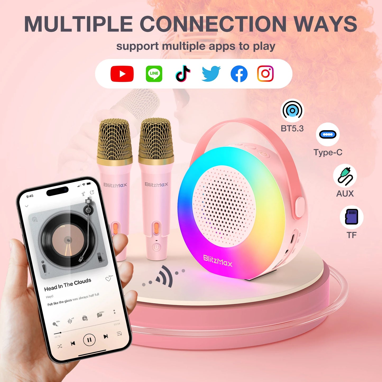 Blitzmax BM-K10 Kids Karaoke Machine Mini Portable Bluetooth Speaker with 2 Wireless Microphones RGB Colorful Light Karaoke Toys Gifts Speaker for Home Party Birthday