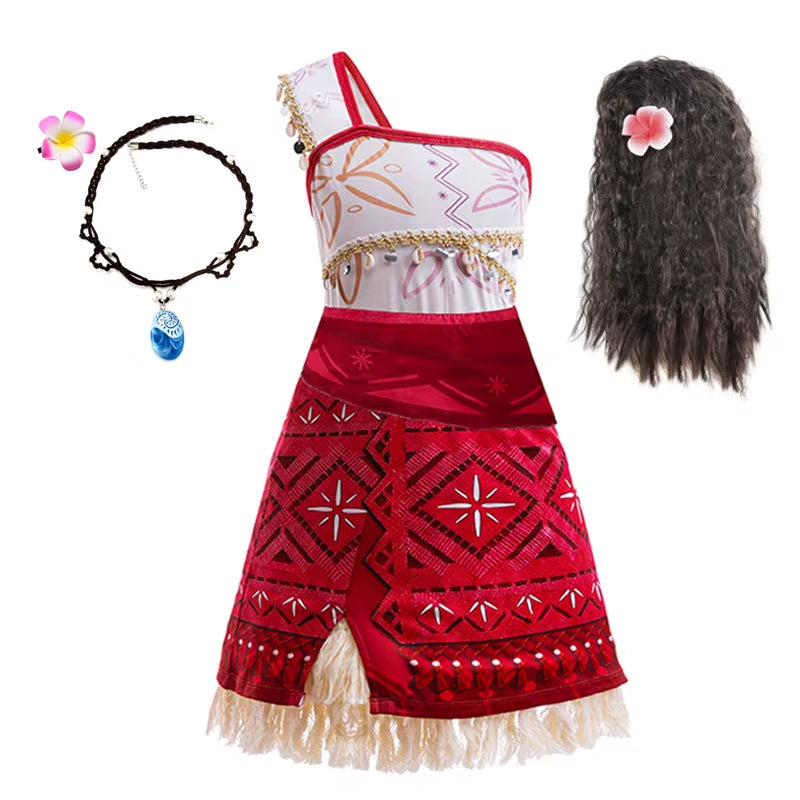 New Movie Moana 2 Dress for Girls Adventure Costume Girl Princess Fancy Clothes Children Vaiana Carnival Party Necklace Pig Set