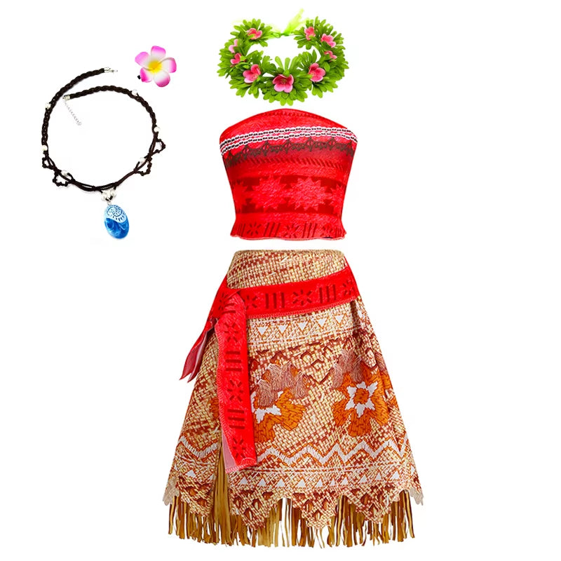 New Movie Moana 2 Dress for Girls Adventure Costume Girl Princess Fancy Clothes Children Vaiana Carnival Party Necklace Pig Set