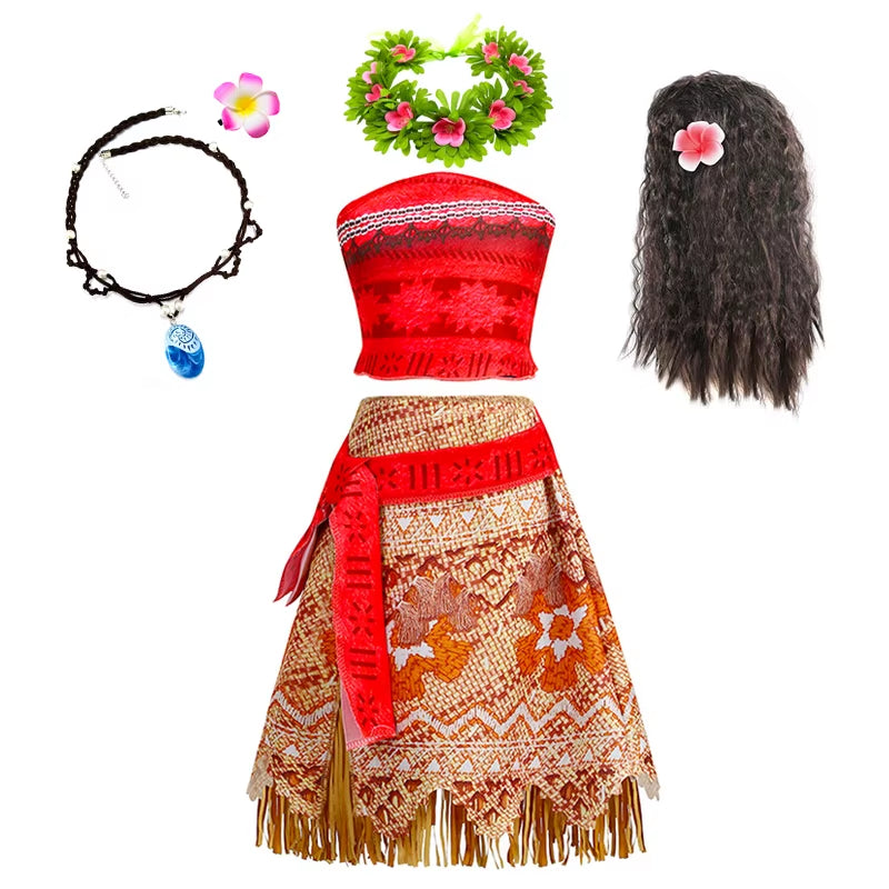 New Movie Moana 2 Dress for Girls Adventure Costume Girl Princess Fancy Clothes Children Vaiana Carnival Party Necklace Pig Set