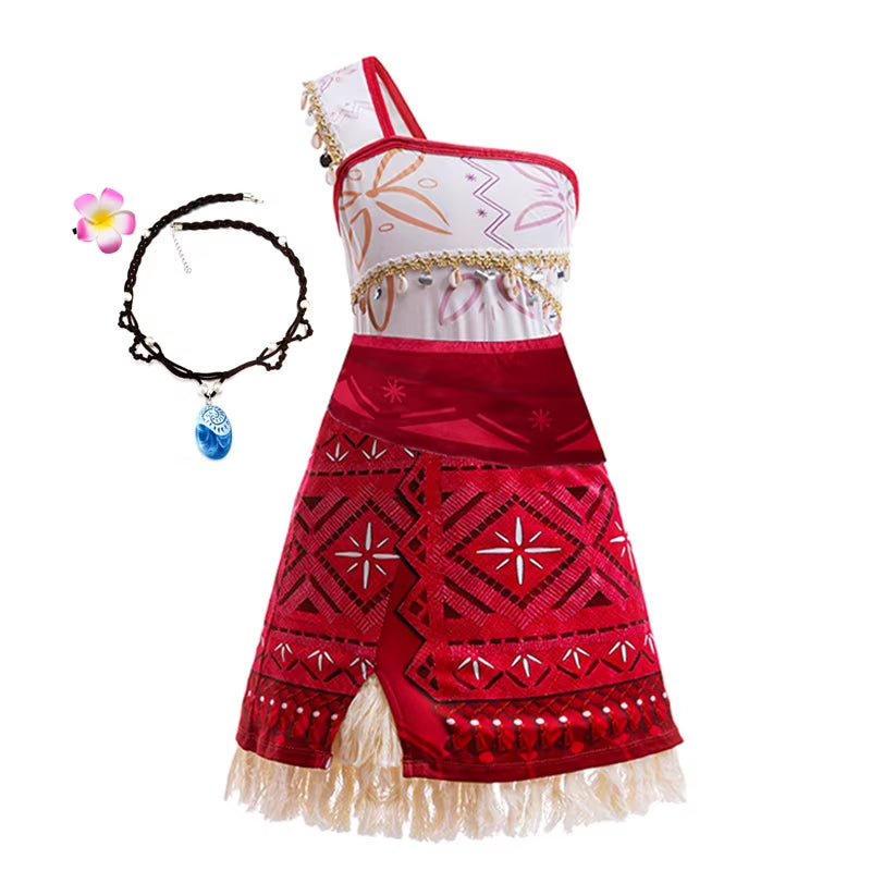 New Movie Moana 2 Dress for Girls Adventure Costume Girl Princess Fancy Clothes Children Vaiana Carnival Party Necklace Pig Set