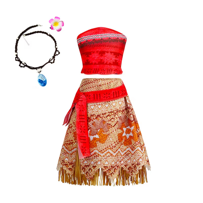 New Movie Moana 2 Dress for Girls Adventure Costume Girl Princess Fancy Clothes Children Vaiana Carnival Party Necklace Pig Set